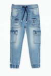 Pantalon cargo garçon en jean bleu avec cordon et poches