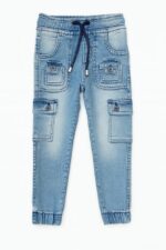Pantalon cargo garçon en jean bleu avec cordon et poches