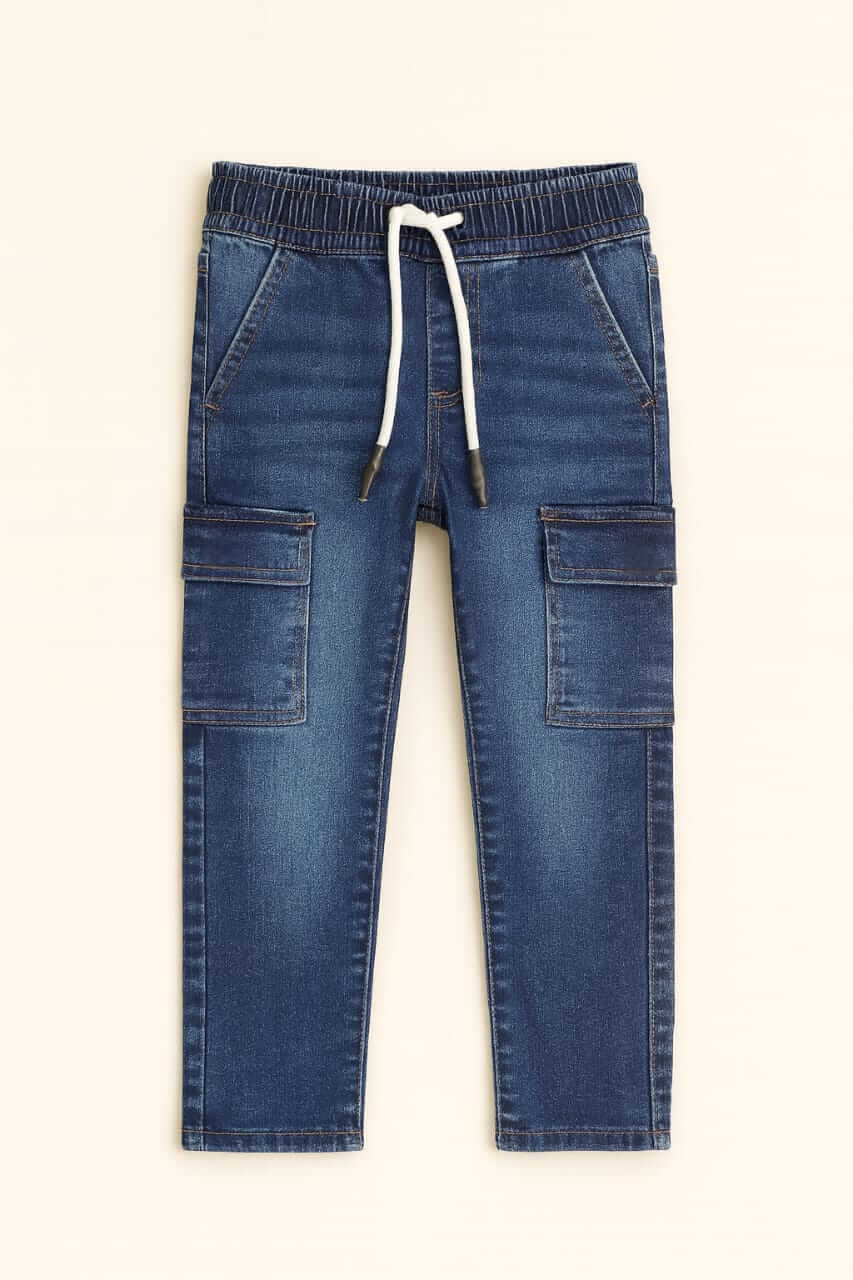 IMG-20250823-WA0027 Pantalon jean cargo garçon – taille élastique avec cordon - Image 1