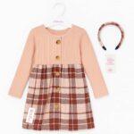 Robe fille à carreaux avec serre-tête assorti – manches longues