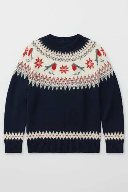 Pull de Noël bleu marine à motif rouge et blanc
