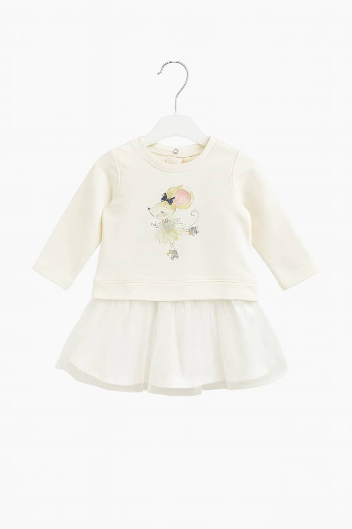 IMG-20250912-WA0017 Robe bébé fille crème à motif souris avec jupe en tulle - Image 1