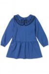 Robe fille bleue à col brodé, manches longues