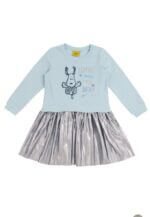 Robe fille bleue à manches longues avec jupe argentée plissée