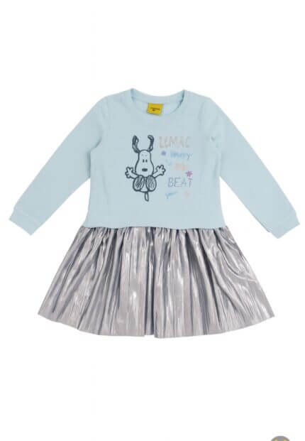 Robe fille bleue à manches longues avec jupe argentée plissée