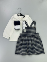 Ensemble bébé fille 3 pièces salopette à carreaux – Bleu marine & blanc - Image 2