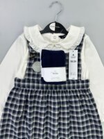 Ensemble bébé fille 3 pièces salopette à carreaux – Bleu marine & blanc - Image 3