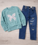 Ensemble fille sweat & jean motif papillon – 2 couleurs