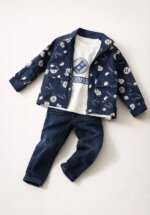 Ensemble garçon 3 pièces Hermès – Veste imprimée & jean (6–12 ans)