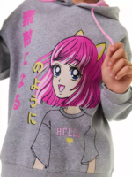 Sweat à capuche fille imprimé manga gris – Kari - Image 8