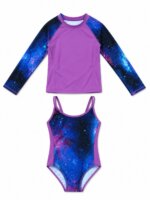 Maillot de Bain Fille 2 Pièces avec T-shirt Anti-UV – Motif Galaxy Violet