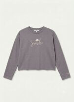 Sweat-shirt court gris "Smile" brodé - Fille