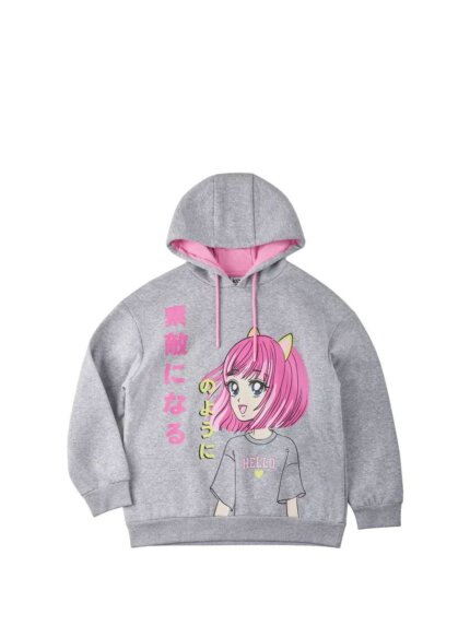 Sweat à capuche fille imprimé Manga / Anime - Gris Chine & Rose