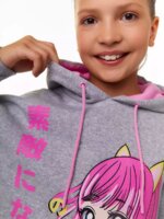 Sweat à capuche fille imprimé Manga / Anime - Gris Chine & Rose - Image 4