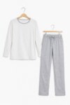 Ensemble pyjama / Homewear 2 pièces t-shirt manches longues et pantalon - Blanc & Gris Chiné