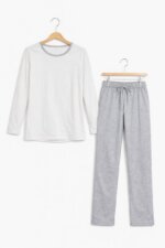 Ensemble pyjama / Homewear 2 pièces t-shirt manches longues et pantalon - Blanc & Gris Chiné
