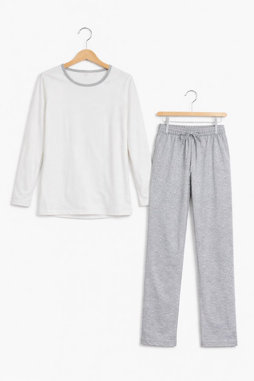 IMAGE 2026-08-15 12:00:28 Ensemble pyjama / Homewear 2 pièces t-shirt manches longues et pantalon - Blanc & Gris Chiné - Image 1