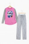 Ensemble pyjama / Homewear 2 pièces imprimé chat DJ - Rose & Gris / Noir & Bleu Canard