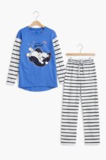 Ensemble pyjama / Homewear 2 pièces imprimé rayures & motifs doux - Bleu Roi / Rose Poudré - Image 2