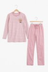 Ensemble pyjama / Homewear 2 pièces imprimé rayures & motifs doux - Bleu Roi / Rose Poudré