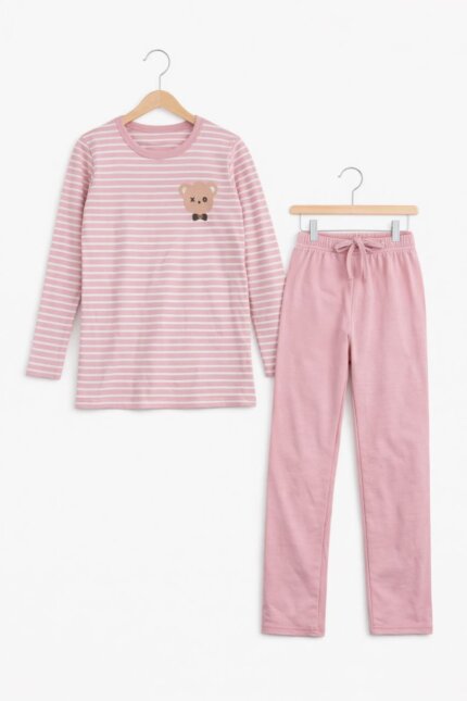 Ensemble pyjama / Homewear 2 pièces imprimé rayures & motifs doux - Bleu Roi / Rose Poudré