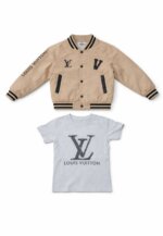 Ensemble 2 pièces veste Teddy universitaire et t-shirt à logo - Marron / Bleu Marine / Beige - Image 2