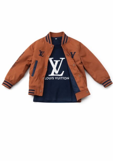 Ensemble 2 pièces veste Teddy universitaire et t-shirt à logo - Marron / Bleu Marine / Beige