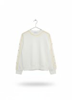 Sweat-shirt col rond blanc - Détails liseré jaune et boutons-pression le long des manches