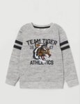 Sweat-shirt enfant "Team Tiger Athletics" - Rayures style Varsity (Gris ou Jaune Moutarde)