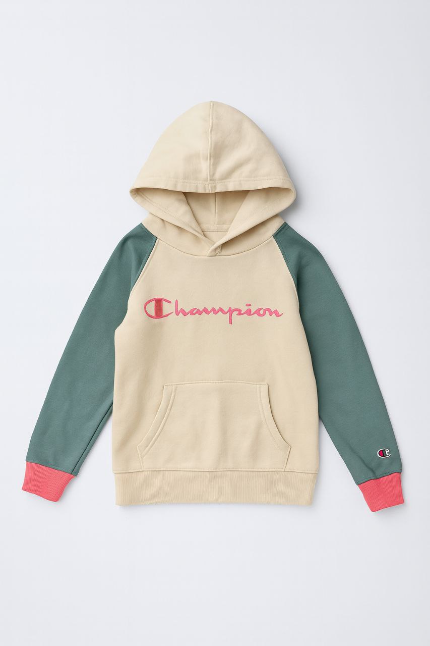 IMAGE 2026-08-17 14:59:30 Sweat à capuche enfant Champion - Style Color-Block Raglan (Écru, Vert Sauge & Rose) - Image 1