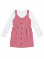Ensemble Fille 2 Pièces - Robe Salopette en Velours Côtelé Rose & T-Shirt Manches Longues Blanc