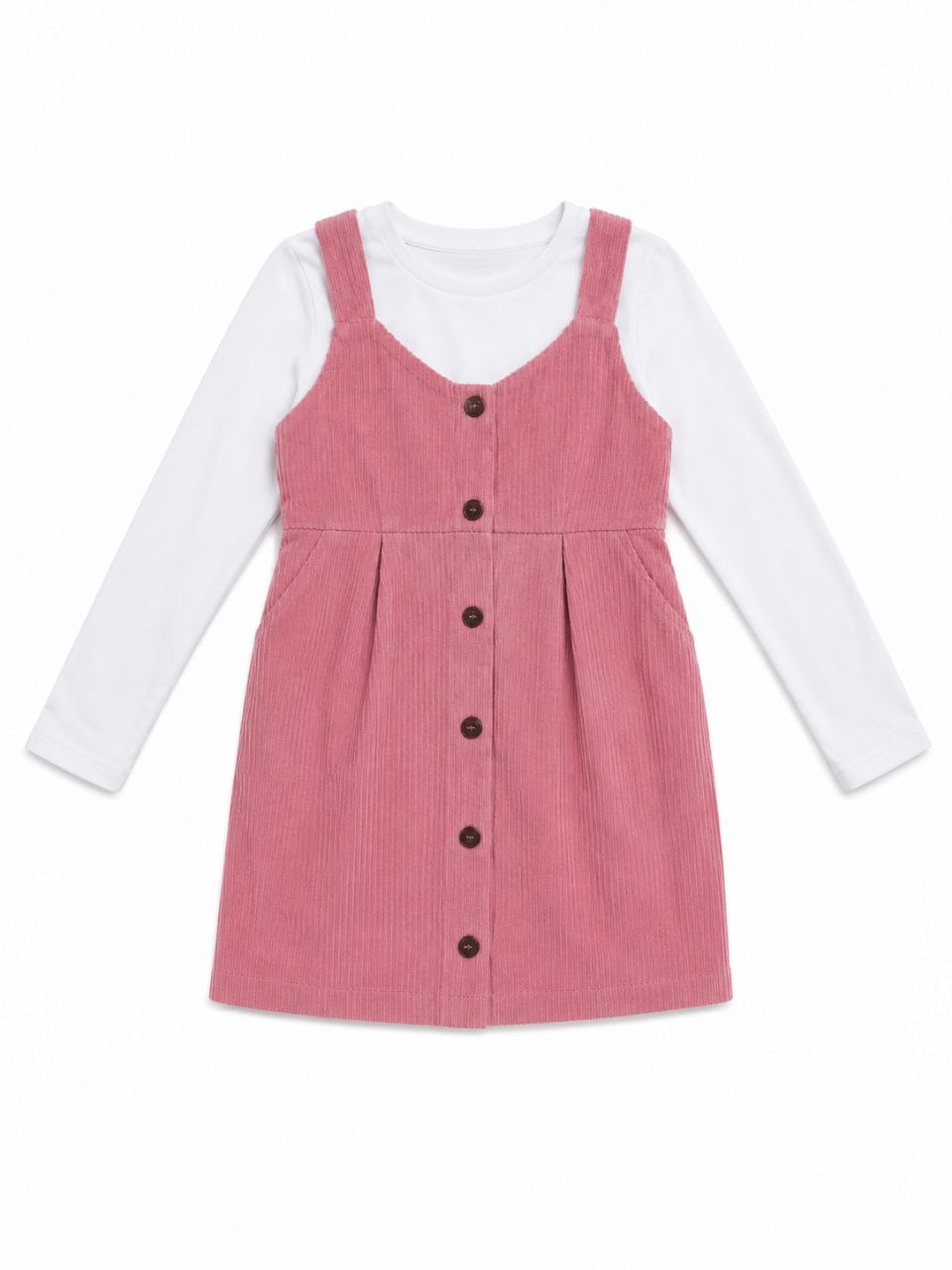 IMAGE 2026-08-23 12:07:23 Ensemble Fille 2 Pièces - Robe Salopette en Velours Côtelé Rose & T-Shirt Manches Longues Blanc - Image 1