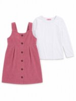 Ensemble Fille 2 Pièces - Robe Salopette en Velours Côtelé Rose & T-Shirt Manches Longues Blanc - Image 3