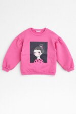 Sweat Fille Rose Bonbon - Manches Bouffantes & Imprimé Portrait Mode