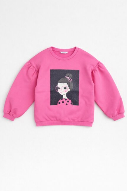 Sweat Fille Rose Bonbon - Manches Bouffantes & Imprimé Portrait Mode