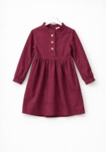 Robe Fille Manches Longues à Col Officier - Tissu Texturé & Patte de Boutonnage