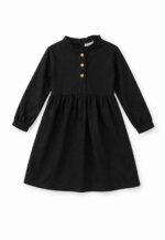 Robe Fille Manches Longues à Col Officier - Tissu Texturé & Patte de Boutonnage - Image 3