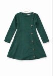 Robe Fille Manches Longues à Boutonnage Asymétrique - Coupe Évasée (Vert Canard, Bordeaux, Bleu Marine, Camel, Noir)