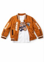 Ensemble Garçon 2 Pièces Style Teddy Varsity - Veste Teddy & T-Shirt "Let's Dance" (Marron Caramel / Bleu Canard)