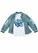 Ensemble Garçon 2 Pièces Style Teddy Varsity - Veste Teddy & T-Shirt "Let's Dance" (Marron Caramel / Bleu Canard) - Image 3