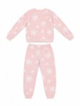 Pyjama Fille 2 Pièces en Mousse Douce / Moumoute - Haut Col Rond & Pantalon (Blanc / Rose Motif Flocons)