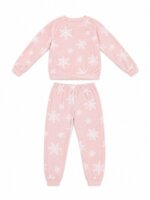 Pyjama Fille 2 Pièces en Mousse Douce / Moumoute - Haut Col Rond & Pantalon (Blanc / Rose Motif Flocons)