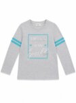 T-shirt Fille Manches Longues - Inscription "Bring on the Sparkle" & Rayures Sport (Gris Chine / Bleu Turquoise)