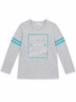 T-shirt Fille Manches Longues - Inscription "Bring on the Sparkle" & Rayures Sport (Gris Chine / Bleu Turquoise)