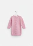 Robe Pull Fille en Maille Torsadée à Col Rond (Écru / Rose Poudré)
