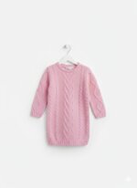 Robe Pull Fille en Maille Torsadée à Col Rond (Écru / Rose Poudré)