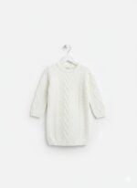 Robe Pull Fille en Maille Torsadée à Col Rond (Écru / Rose Poudré) - Image 3