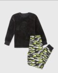 Pyjama Garçon 2 Pièces en Velours - Haut Manette de Jeu Relief 3D & Pantalon Imprimé Pixel (Noir / Vert Lime)