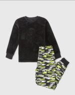 Pyjama Garçon 2 Pièces en Velours - Haut Manette de Jeu Relief 3D & Pantalon Imprimé Pixel (Noir / Vert Lime)