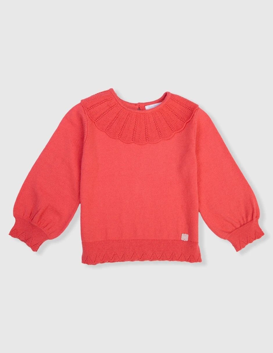 IMAGE 2026-08-26 12:01:57 Pull Fille en Maille Fine à Grand Col Claudine Travaillé - Rouge Corail - Image 1